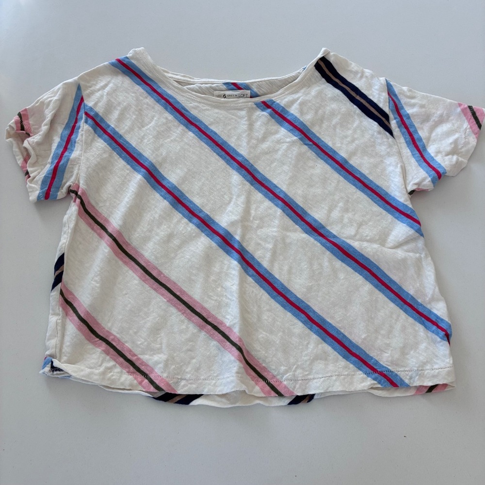 Lou‎ & Grey for LOFT Womens Small White Diagonal Multi Color Stripe Boxy Tee